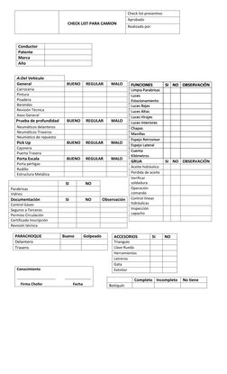 CHECK LIST PARA CAMION 
Check list preventivo 
Aprobado 
Realizado por:  
 
 
Conductor 
 
Patente 
 
Marca 
 
Año