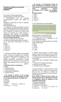 PRUEBA DE FORMACIÓN CIUDADANA 
CUARTO MEDIO 
NOMBRES: 
 
 
 
Eje Temático: Institucionalidad política 
Estado de derecho