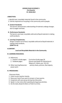 Grade 5 Recycling Lesson Plan | PDF | Recycling | Lesson Plan