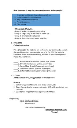 Grade 5 Recycling Lesson Plan | PDF | Recycling | Lesson Plan
