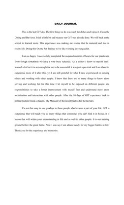 DAILY JOURNAL
This is the last OJT day. The first thing we do was wash the dishes and wipes it. Clean the
Dining and Bar Area