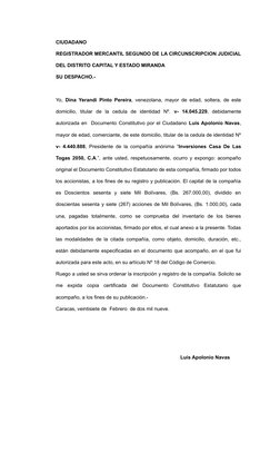 CIUDADANO
REGISTRADOR MERCANTIL SEGUNDO DE LA CIRCUNSCRIPCION JUDICIAL
DEL DISTRITO CAPITAL Y ESTADO MIRANDA
SU DESPACHO.-
Yo
