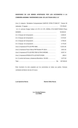 INVENTARIO  DE  LOS  BIENES  APORTADOS  POR  LOS  ACCIONISTAS  A  LA
COMPAÑÍA ANONIMA “INVERSIONES CASA  DE LAS TOGAS 2050, C