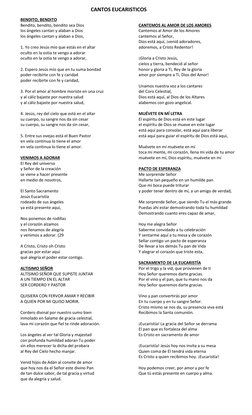 CANTOS EUCARISTICOS 
BENDITO, BENDITO 
Bendito, bendito, bendito sea Dios 
los ángeles cantan y alaban a Dios 
los ángeles ca