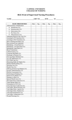 CAPITOL UNIVERSITY
COLLEGE OF NURSING
RLE 8 List of Supervised Nursing Procedures
NAME: _______________________________GRP. N