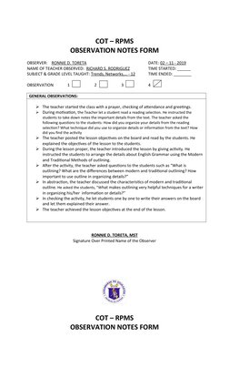 COT – RPMS
OBSERVATION NOTES FORM
OBSERVER:    RONNIE D. TORETA
DATE: 02 – 11 - 2019
NAME OF TEACHER OBSERVED:  RICHARD S. RO