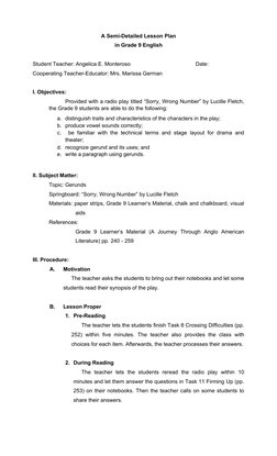 A Semi-Detailed Lesson Plan
in Grade 9 English
Student Teacher: Angelica E. Monteroso
Date: 
Cooperating Teacher-Educator: Mr