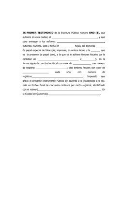 ES PRIMER TESTIMONIO  de la Escritura Pública número UNO (1),  que
autorice en esta ciudad, el ______________________________