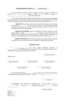 BOARD RESOLUTION No. ____, Series of 20___. 
   
 
 
We, the undersigned Directors, present during the special meeting of