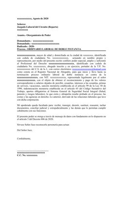 xxxxxxxxxxxx, Agosto de 2020
Señores:
Juzgado Laboral del Circuito (Reparto)
xxxxxxxxx
Asunto.- Otorgamiento de Poder
Demanda