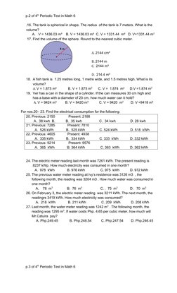 p.2 of 4th Periodic Test in Math 6
.16. The tank is spherical in shape. The radius  of the tank is 7 meters. What is the
