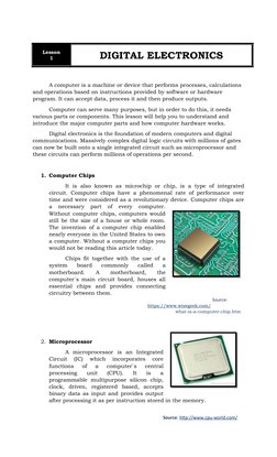 Lesson
1
DIGITAL ELECTRONICS
A computer is a machine or device that performs processes, calculations 
and operations based