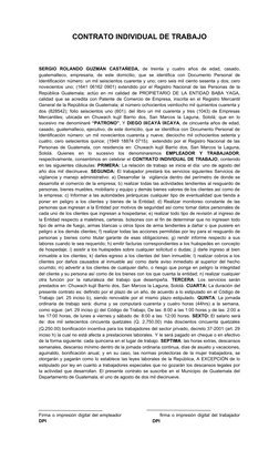 CONTRATO INDIVIDUAL DE TRABAJO
SERGIO  ROLANDO  GUZMÀN  CASTAÑEDA, de  treinta  y  cuatro  años  de  edad,  casado,
guatemalt