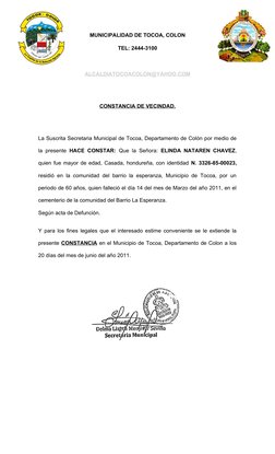 MUNICIPALIDAD DE TOCOA, COLON
TEL: 2444-3100
ALCALDIATOCOACOLON@YAHOO.COM
CONSTANCIA DE VECINDAD.
La Suscrita Secretaria Muni