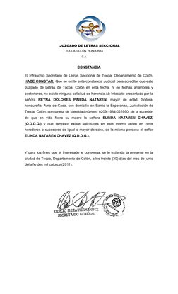 CONSTANCIA
El Infrascrito Secretario de Letras Seccional de Tocoa, Departamento de Colón,
HACE CONSTAR: Que se emite esta con