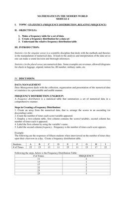 MATHEMATICS IN THE MODERN WORLD 
MODULE 4 
 
I. 
TOPIC: STATISTICS (FREQUENCY DISTRIBUTION, RELATIVE FREQUENCY) 
 
II. OBJECT