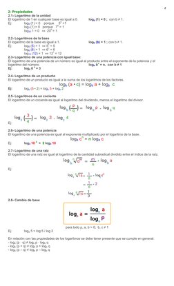 2 
2- Propiedades 
2.1- Logaritmo de la unidad 
El logaritmo de 1 en cualquier base es igual a 0. 
logb (1) = 0 ;  con b ≠ 1.