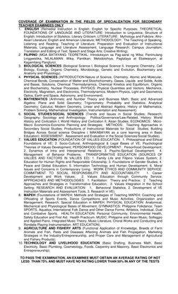 COVERAGE OF EXAMINATION IN THE FIELDS OF SPECIALIZATION FOR SECONDARY 
TEACHER EXAMINEES ONLY 
1.  ENGLISH (Remedial Inst