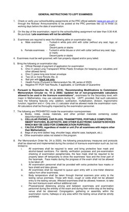 GENERAL INSTRUCTIONS TO LEPT EXAMINEES 
 
1. 
Check or verify your school/building assignments at the PRC official website