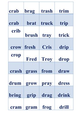 crab
brag
trash
trim
crab
brat
truck
trip
 
crib
brush
tray
trick
crow fresh
Cris
drip
 
crop
Fred
Troy
drop
crash grass
from