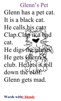 Glenn’s Pet
Glenn has a pet cat.
It is a black cat.
He calls his cat 
Clap.Clap is a bad 
cat.
He digs the plants.
He gets Gl