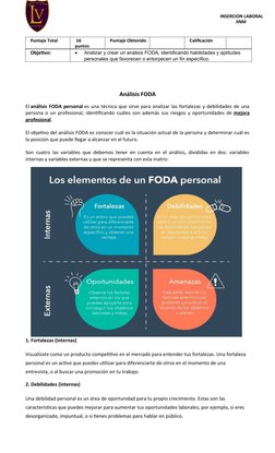 INSERCION LABORAL
IINM
Puntaje Total
16
puntos
Puntaje Obtenido
Calificación
Objetivo:

Analizar y crear un análisis FODA,