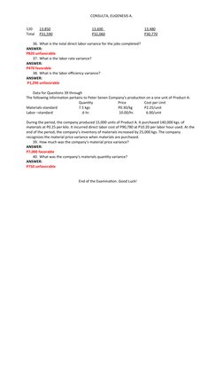 CONSULTA, EUGENESIS A.
120
13,850
13,600
 
     
13,480
Total
P31,590
P32,060
P30,770
36. What is the total direct labor vari