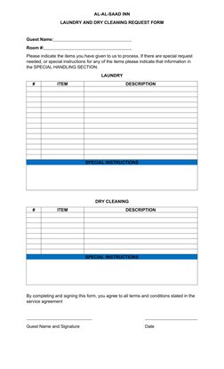 AL-AL-SAAD INN
LAUNDRY AND DRY CLEANING REQUEST FORM
Guest Name: