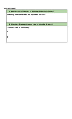 IV.Conclusion:
1. Why are the body parts of animals important? (1 point)
The body parts of animals are important because 
2.