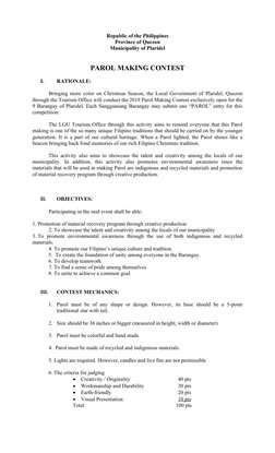 Republic of the Philippines
Province of Quezon
Municipality of Plaridel
PAROL MAKING CONTEST
I.
RATIONALE:
Bringing more colo