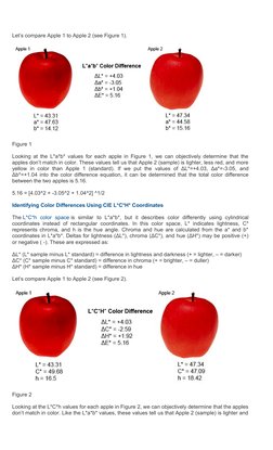 Let’s compare Apple 1 to Apple 2 (see Figure 1).
Figure 1
Looking at the L*a*b* values for each apple in Figure 1, we can obj