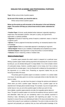 ENGLISH FOR ACADEMIC AND PROFESSIONAL PURPOSES 
WEEK 3 Quarter 2  
 
 
Topic: Writes various kinds of position papers.