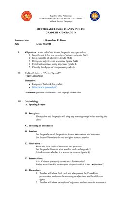 Republic of the Philippines
DON HONORIO VENTURA STATE UNIVERSITY
Villa de Bacolor, Pampanga
MULTIGRADE LESSON PLAN IN ENGLISH