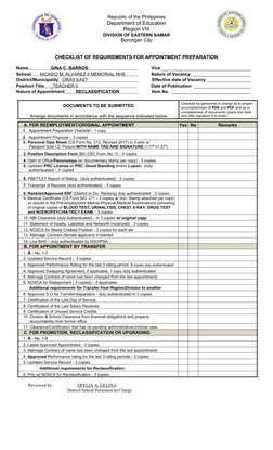 Republic of the Philippines
Department of Education
Region VIII 
DIVISION OF EASTERN SAMAR
Borongan City
CHECKLIST OF REQUIRE