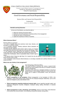 Good Governance and Social Responsibility
Business Ethics and Corporate Social Responsibility:
 Fundamentals
 
Intended Learn