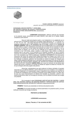 ESTRATEGIA LEGAL
Estrategia Legal
CAUSA JUDICIAL NUMERO xxxxxxxx: 
ASUNTO: SE SOLICITA DIFERIMIENTO DE AUDIENCIA.
CIUDADANO J