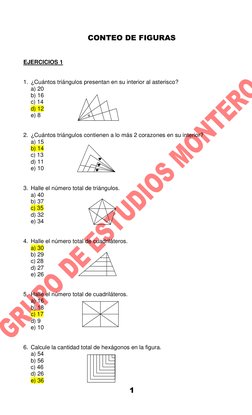 1 
 
CONTEO DE FIGURAS 
 
EJERCICIOS 1 
 
 
1. ¿Cuántos triángulos presentan en su interior al asterisco? 
 
a) 20 
 
b) 16