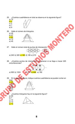 5 
 
 
 
 
25. 
¿Cuántos cuadriláteros en total se observa en la siguiente figura? 
 
a) 12 
 
b) 5 
 
c) 3 
 
d) 7 
 
e) 9