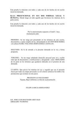 Esta prueba la relaciono con todos y cada uno de los hechos de mi escrito
inicial de demanda.
8).-LA  PRESUNCIONAL  EN  SUS