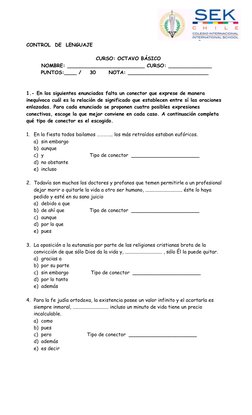 CONTROL  DE  LENGUAJE
CURSO: OCTAVO BÁSICO  
       NOMBRE: _________________________ CURSO: ______________
PUNTOS:____ /