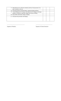 17. Mark fluid level on collection chamber and time of measurement. Use 
tape if needed to write on.
18. Encourage patient to