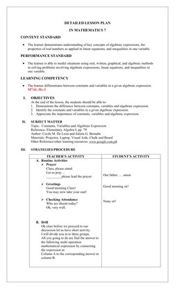 Grade 7 Algebraic Expressions Plan | PDF | Variable (Mathematics) | Numbers