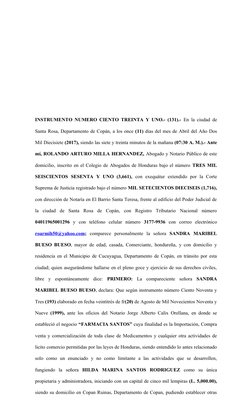 INSTRUMENTO NUMERO CIENTO TREINTA Y UNO.- (131).-  En la ciudad de
Santa Rosa, Departamento de Copán, a los once (11) días de