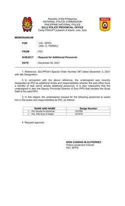 Republic of the Philippines
NATIONAL POLICE COMMISSION
PHILIPPINE NATIONAL POLICE
SULU POLICE PROVINCIAL OFFICE
Camp PSSUPT