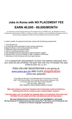 Jobs in Korea with NO PLACEMENT FEE
EARN 40,000 - 80,000/MONTH
In cooperation with the Human Resources Development Service (