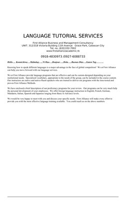 LANGUAGE TUTORIAL SERVICES
First Alliance Business and Management Consultancy
UNIT. 312/318 Victoria Building 11th Avenue   G