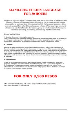 MANDARIN/ FUKIEN LANGUAGE 
FOR 30 HOURS
We want to introduce you to Chinese culture while teaching you how to speak and read