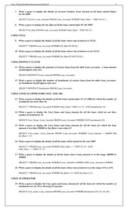 Sree Vidyanikethan International School 
 
   2 
. 
7. Write a query to display the details of Account Number, Loan Amount of