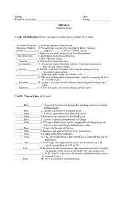 Physics Midterm Exam with Answers | PDF | Electricity | Electric Charge