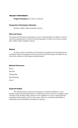 PROJECT PROPONENTS
Project Presenter: Rey Julius P. Villaverde
Prospective Participants/ Clientele: 
Residents of Brgy. Biluc